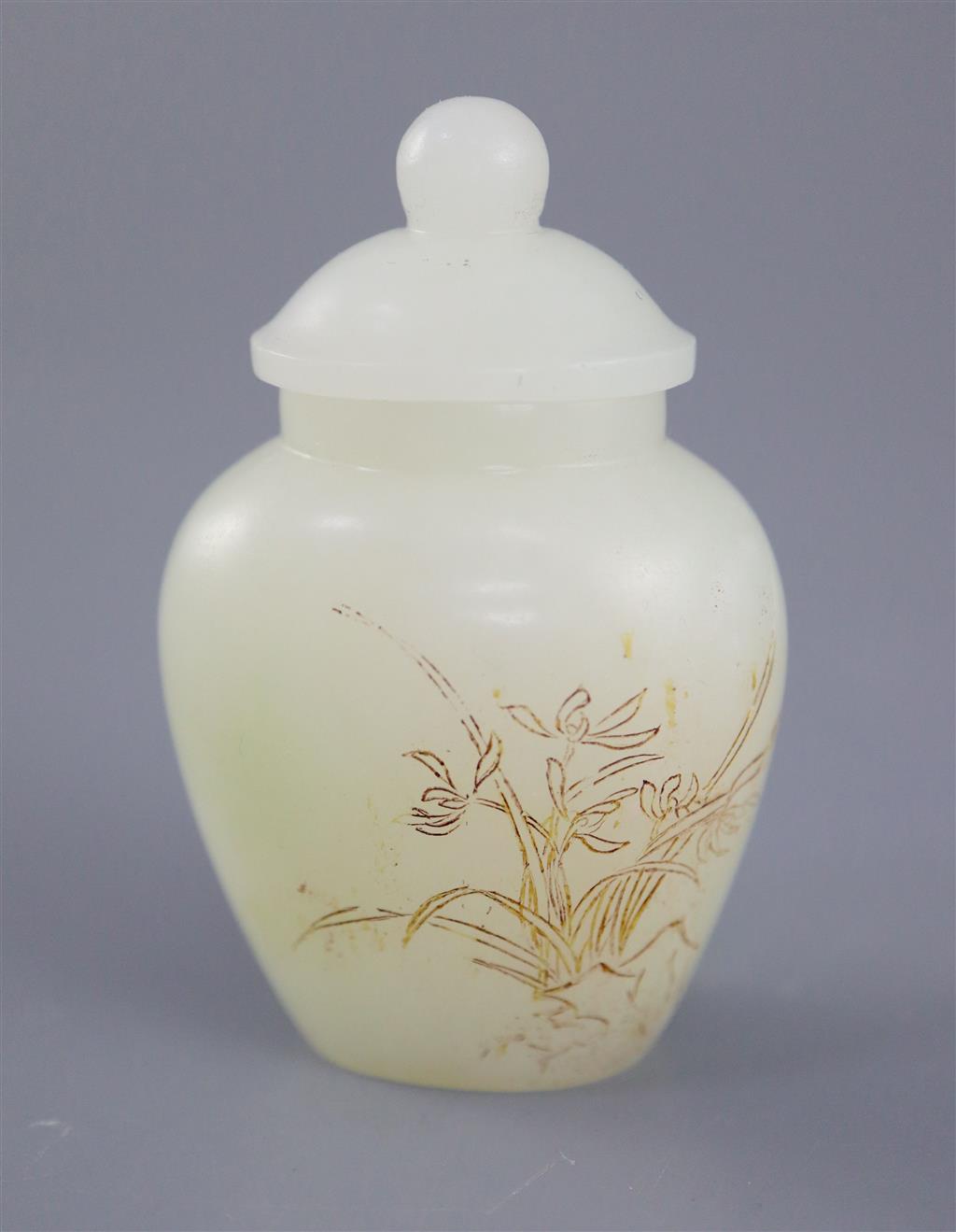 A Chinese miniature white jade inscribed jar and cover, 6.2cm